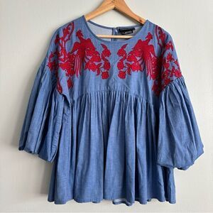 ANTHROPOLOGIE HEMANT & NANDITA BLUE EMBROIDERED LIANNA TOP XS *see all photos*